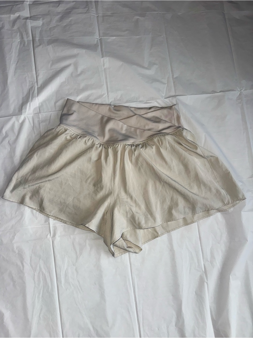 Beige Women's Athletic Shorts with Fold-Over Waistband